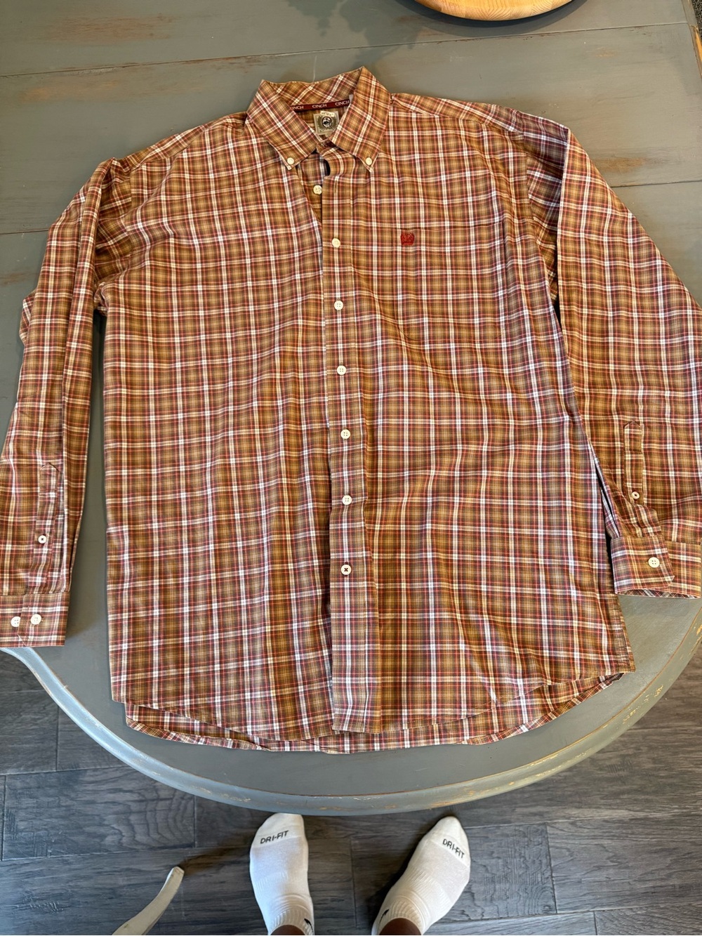 CINCH Men’s Large Plaid Western Button Down Shirt Brown Rust 100% Cotton